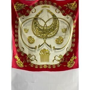 HERMES Vintage "Les Cavaliers D'OR" Red Silk Gold Equestrian Motif Scarf